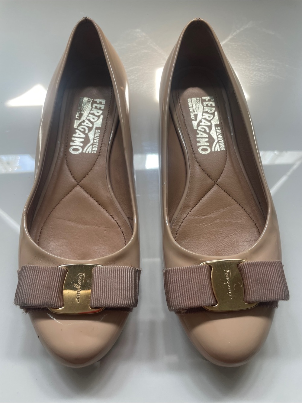 Salvatore Ferragamo Nude Patent Vara Bow Flats with Gold Plate